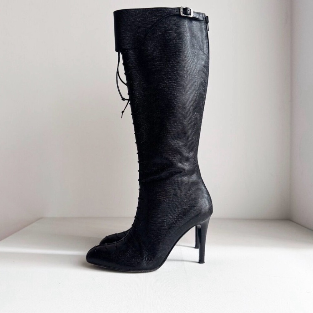 Grigiarancio Tall Lace up detail Leather Sexy Black Boots - Picture 7 of 8
